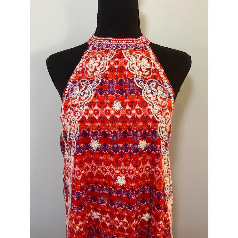 THML Orange Purple Ikat Embroidered Halter Shift Dress Small Boho NEW‎